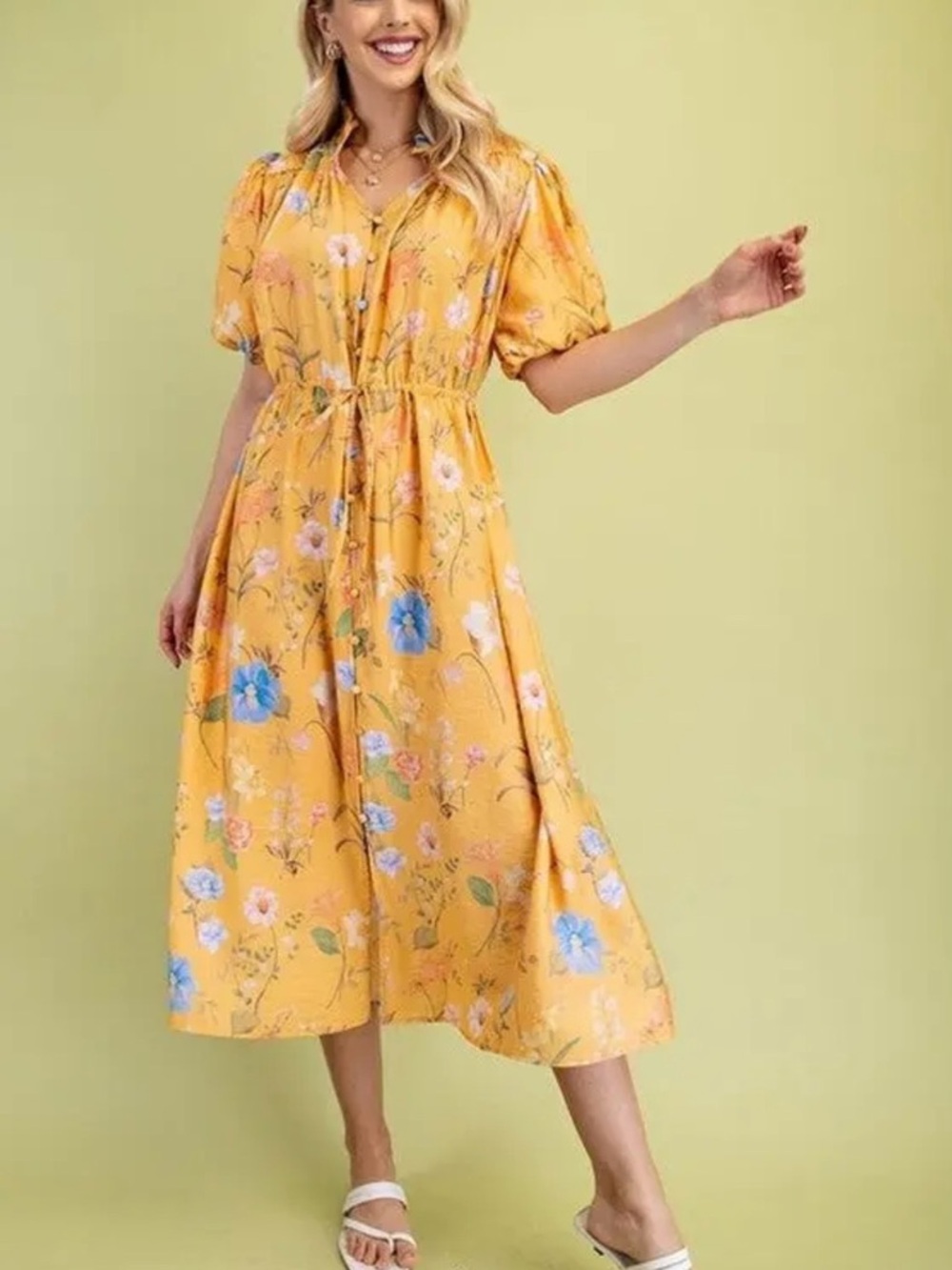 Yellow Floral Midi Dress with Tie Waist